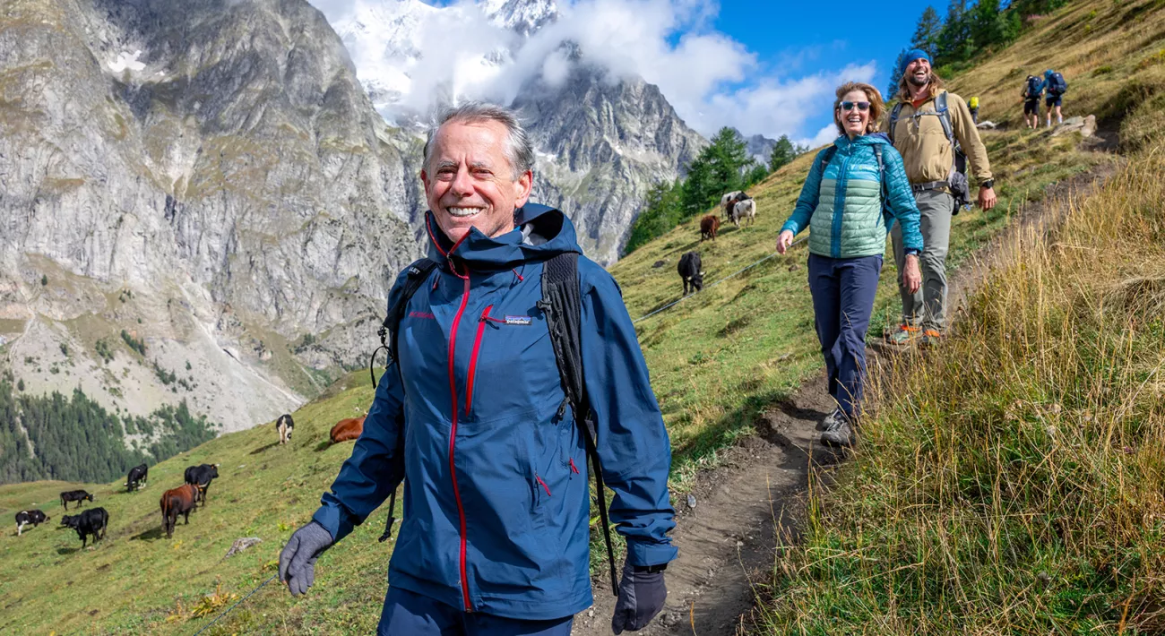 Man hiking down a dirt path, with a large mountain and cows on a grass field in the background