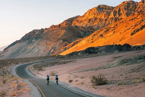 Guests riding down desert road during sunset.