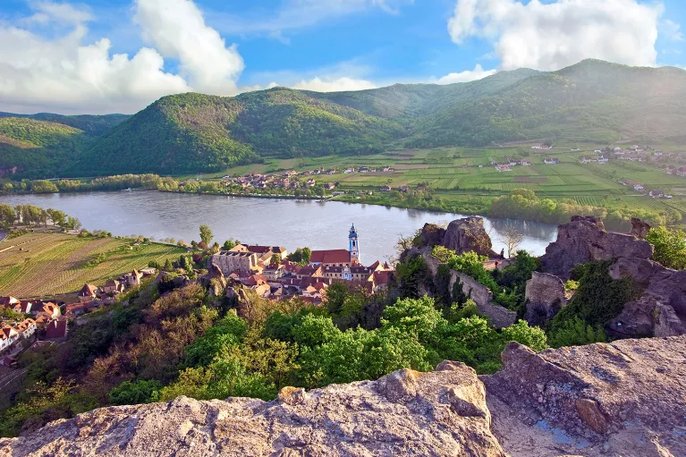 Aerial view of Durnstein, Austria, Wachau Valley, Danube River.