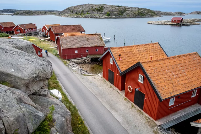 Row of red houses along a rocky shore in Norway