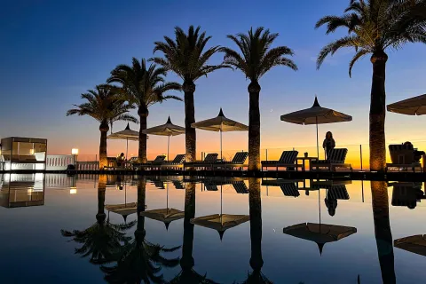 Sunset shot of still resort pool, palms, recliners.