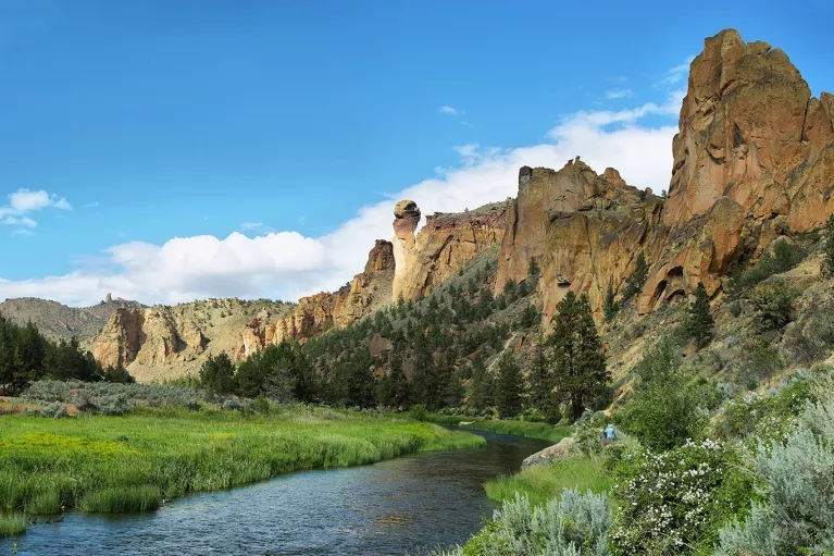 Wide shot of a stream among a grassy knoll, craggy cliffs in background.