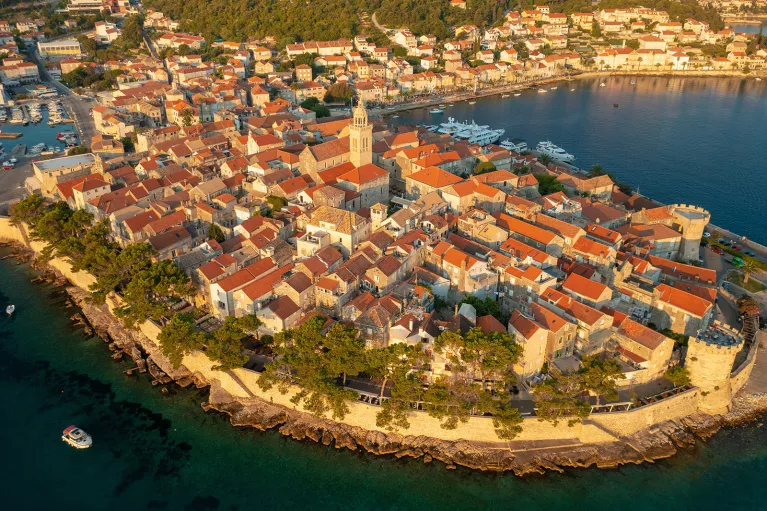 Bird's eye shot of Korcula during sunset.