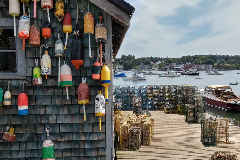 Shot of wooden fishing shack, buoys, small boats, lobster/crab traps.