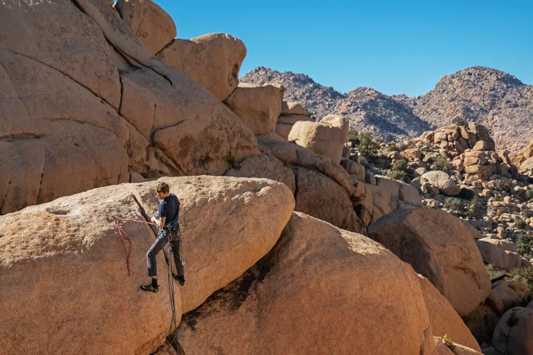Guest rock climbing with desert vista behind them.
