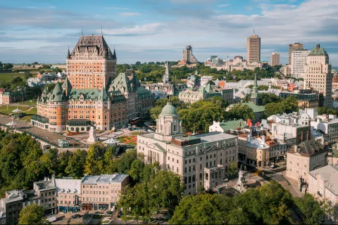 Bird's eye shot of Quebec, Fairmont at center.