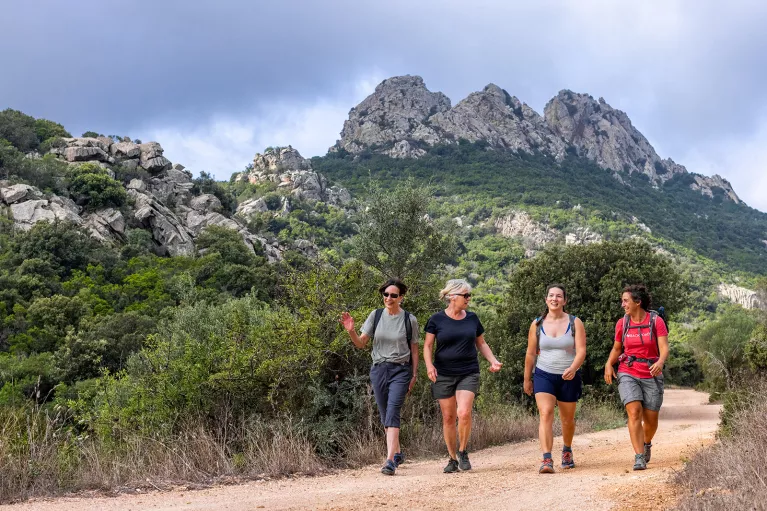 Four guests walking down trail, craggy hills in distance.