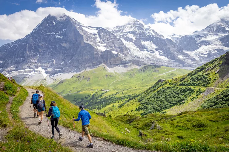 Four guests hiking on grassy road, Mount Eiger in background. 