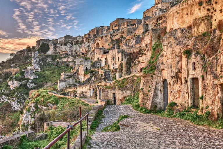 Wide shot of Sassi di Matera and it's mountainside huts.