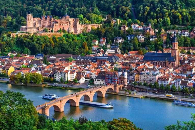 Ship Under Rhine River Bridge 