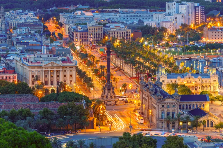 Bird's eye shot of Plaça d'Espanya, Barcelona. Lights illuminating.