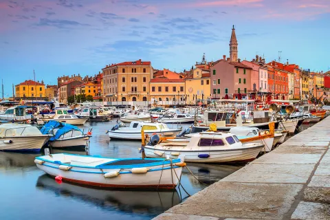 Stunning romantic old town of Rovinj with magical sunrise,Istrian Peninsula,Croatia,Europe