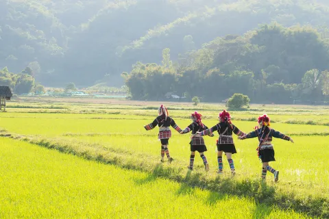 Thai people in traditional clothes running through a green field