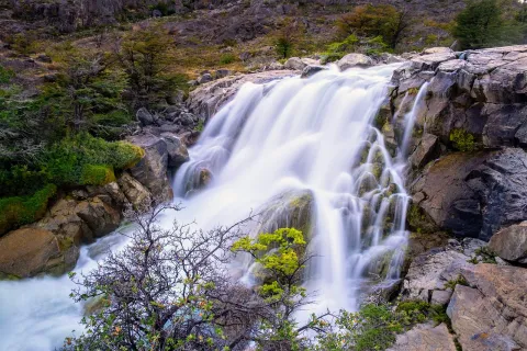 Shot of flowing waterfall, trees, river.
