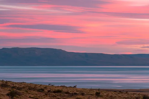 Wide shot of sunset vista, mountain, river, meadow, small horse all visible.