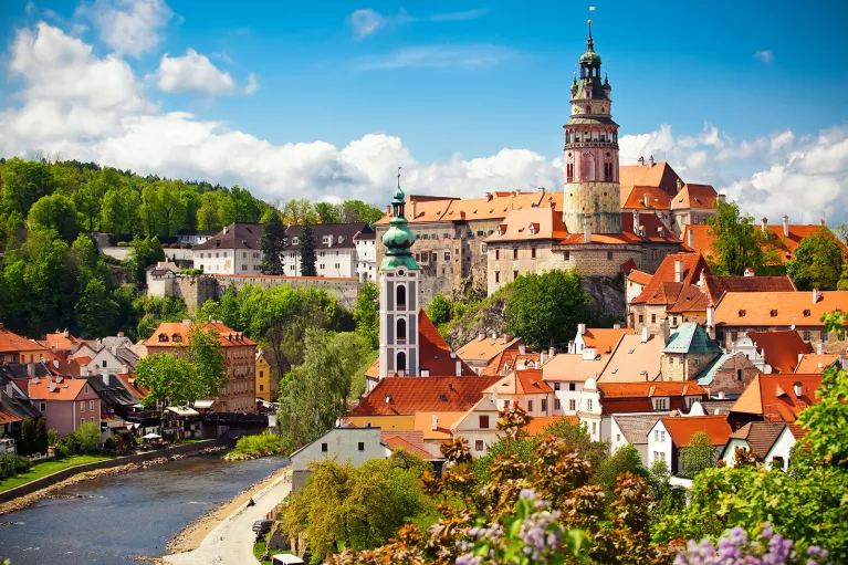 Beautiful view of church and castle in Cesky Krumlov, Czech republic