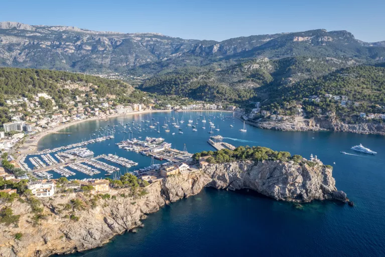 Seaside port full of boats and a small cluster of buildings