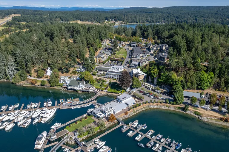 Sky view of a property complex with boats along a port 