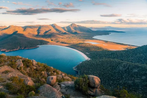 Hilltop view of a lake and other hills