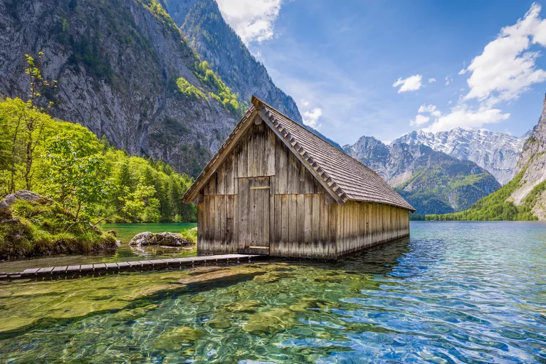 A wood house in a lake