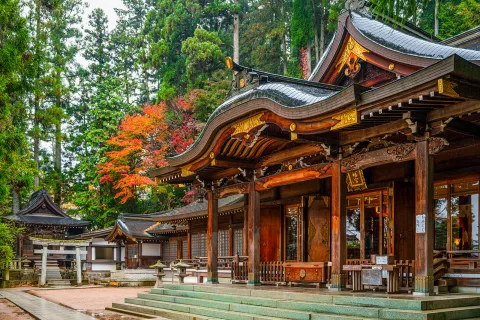 Wide shot view of a shrine and temple 