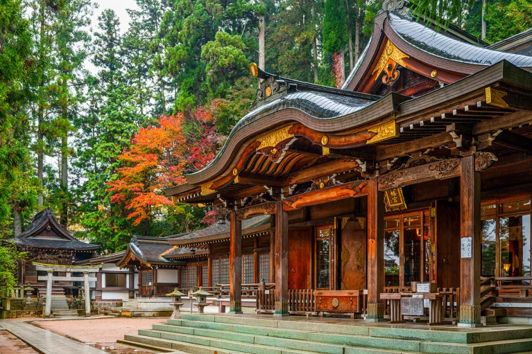 Wide shot view of a shrine and temple 