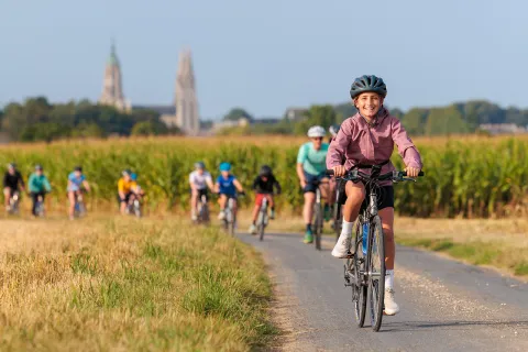 Group of teenagers on bikes, riding through a road surrounded by tall weeds
