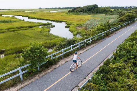 Woman riding a bike on an empty road, with a marsh in the distance