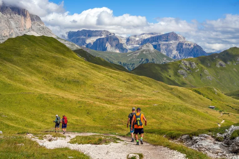 Group of people walking in a grassy valley towards tall mountains
