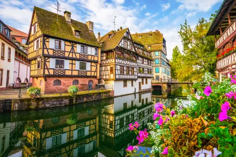 European-style houses in a row by a river canal