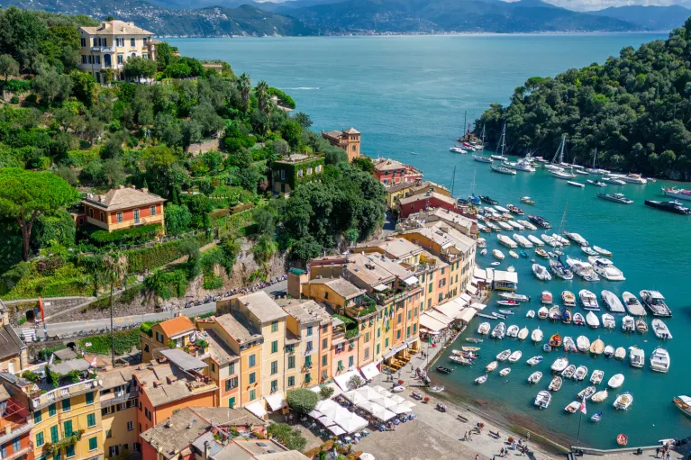 Sky view of a row of buildings in front of a boat dock
