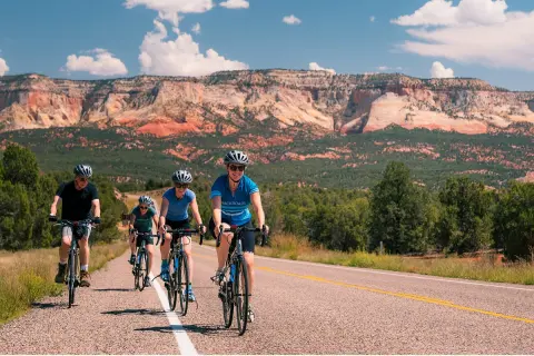 Group of 4 family members biking on an empty road, with a large valley and canyons in the background
