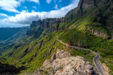 Curvy road in a mountain surrounded by large bushes with clouds in the sky