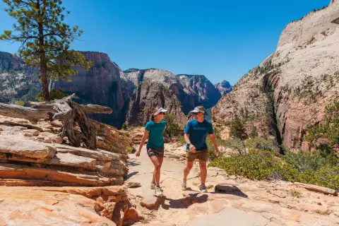 Two hikers walk along a rocky trail in Zion National Park, surrounded by towering sandstone cliffs, canyon walls, and desert vegetation beneath a clear blue sky.
