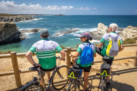 Group of bikers leaning on railings, looking out towards the ocean