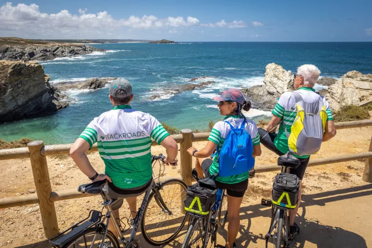Group of bikers leaning on railings, looking out towards the ocean