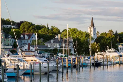 Boat port with large sail boats and houses in the back