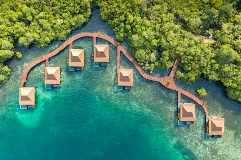 Sky view of hotel cottages by the ocean and the jungle in the background