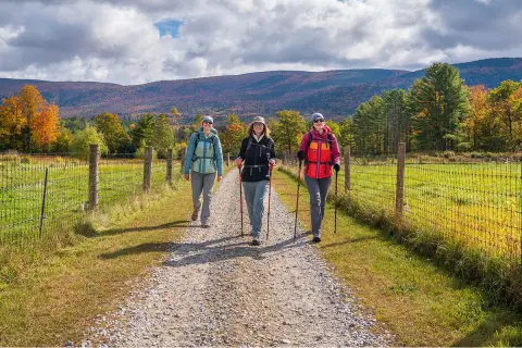 Three women on a hike surrounded by fall foliage on the Vermont Women's Hiking & Walking Tour.