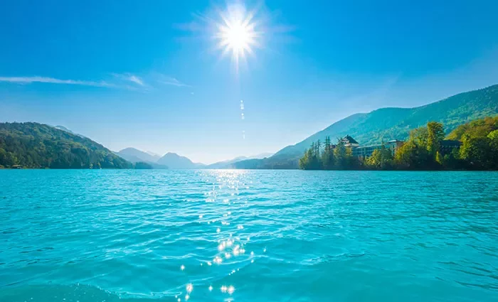 Lake Fuschlsee, Salzkammergut, Austria, on a sunny summer day.