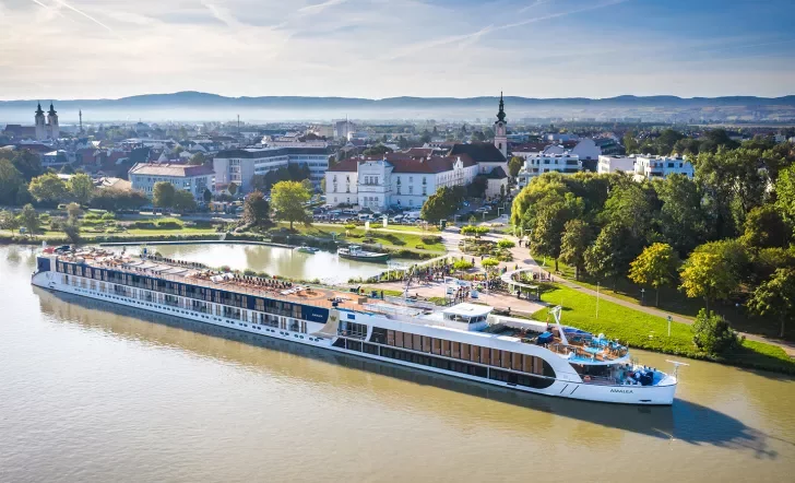 Aerial view of the AmaLea cruise ship on the Danube river.