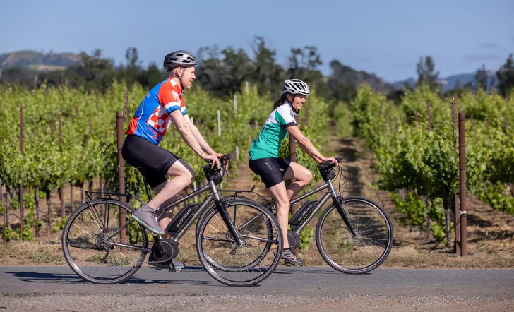 Two guests on e-bikes riding past vineyard.