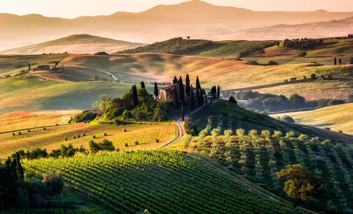 Wide shot of Italian wine country during sunset, villa dead center.