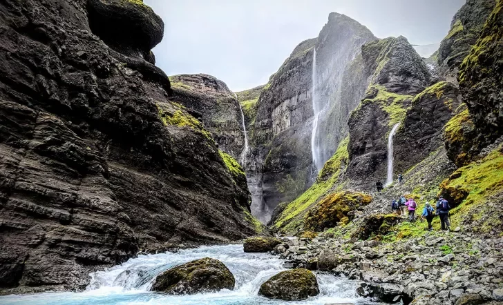 Multiple Waterfalls Hiking Along River Iceland