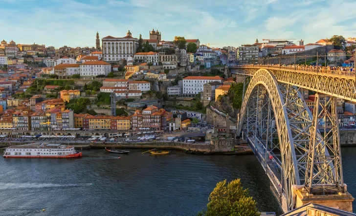 Wide shot of downtown Porto, bridge, river.