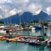 Boats sitting in a harbor atin Alaska