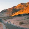 Guests riding down desert road during sunset.