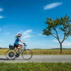 Biker riding on a clear sunny day with a field and a tree in background.