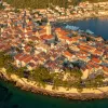 Bird's eye shot of Korcula during sunset.