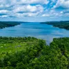 Wide shot of river, forest in foreground.